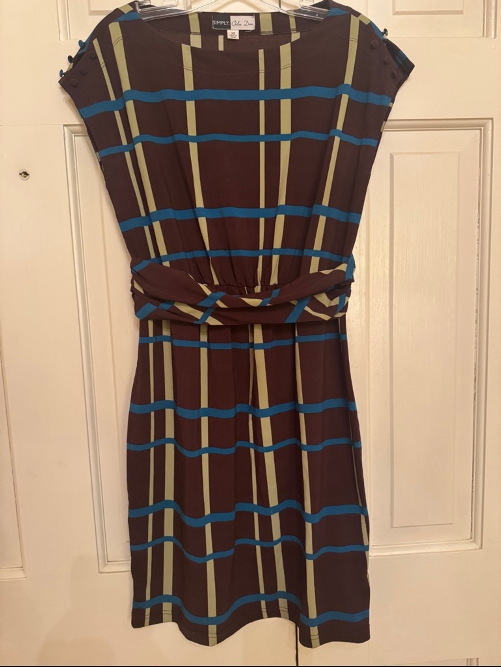 Simply Chloe Dao Brown Plaid Midi Dress with Blue and Olive Stripes